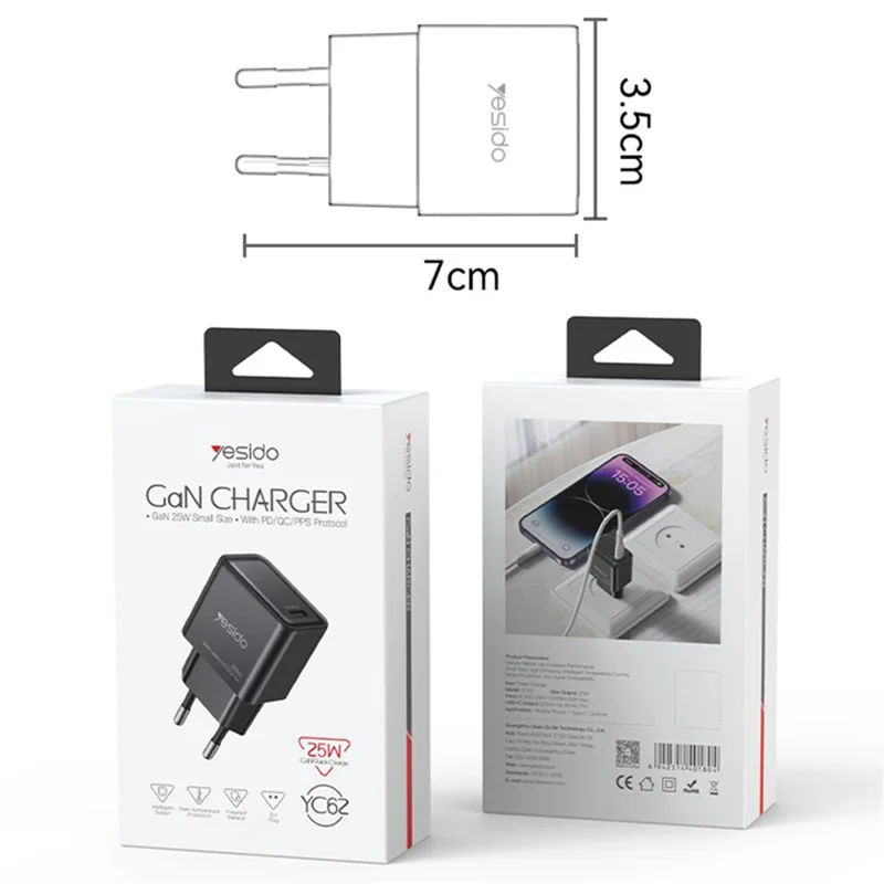 YESIDO YC62 PD 25W Fast Charging GaN Power Adapter Type-C Travel Wall Charger