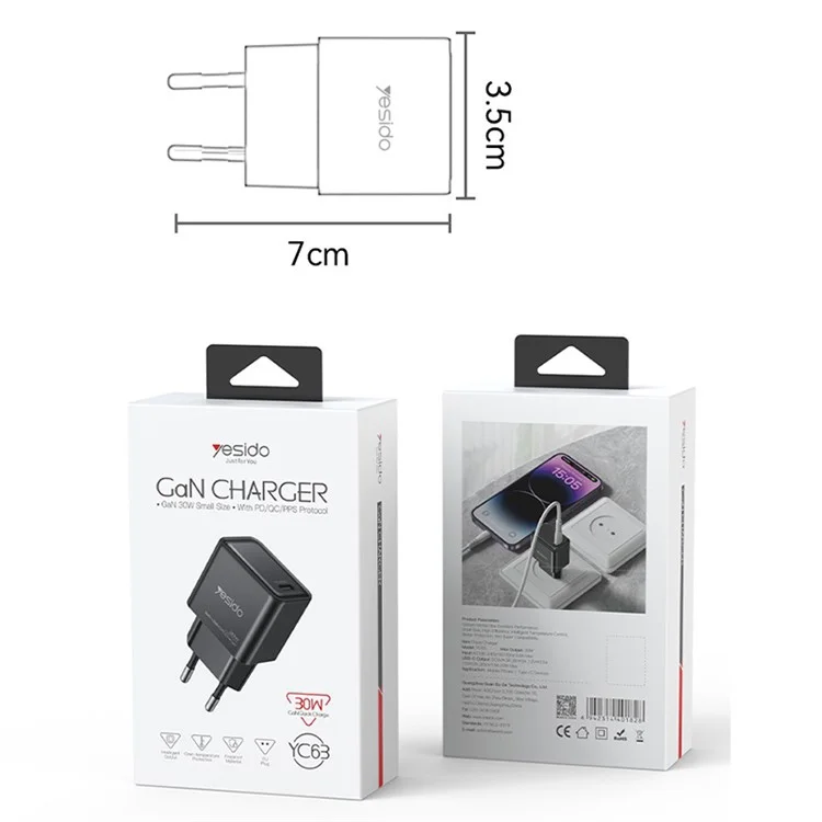 YESIDO YC63 GaN 30W Fast Charging Wall Charger Type-C Plug Travel Adapter (EU Plug)