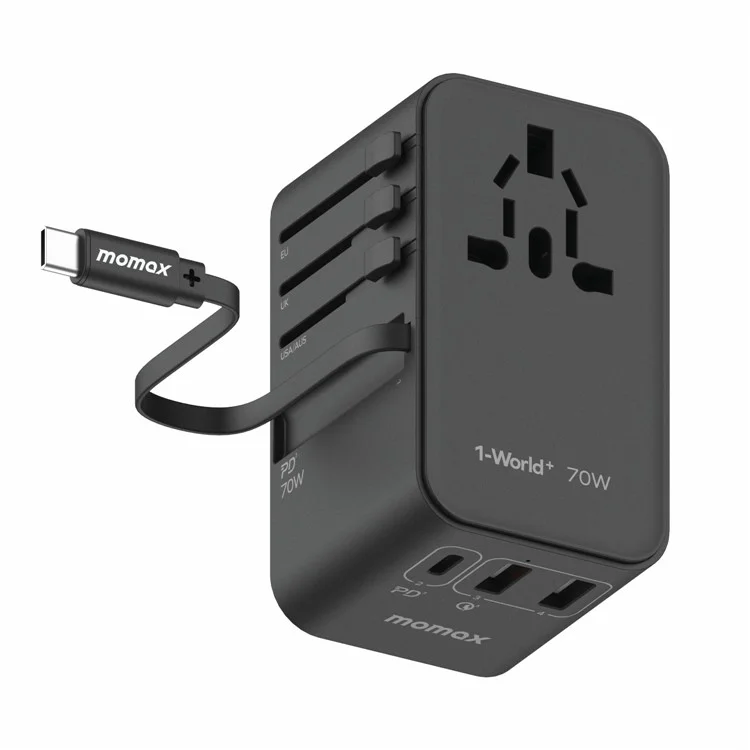 MOMAX UA18 1-World+ Gan Travel Adapter Global Wall Charger mit einziehbarem 70W Type-C Kabel - Schwarz