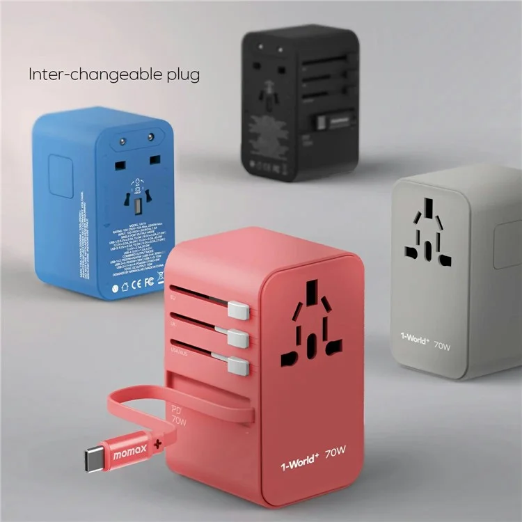 MOMAX UA18 1-World+ Gan Travel Adapter Global Wall Charger mit einziehbarem 70W Type-C Kabel - Schwarz