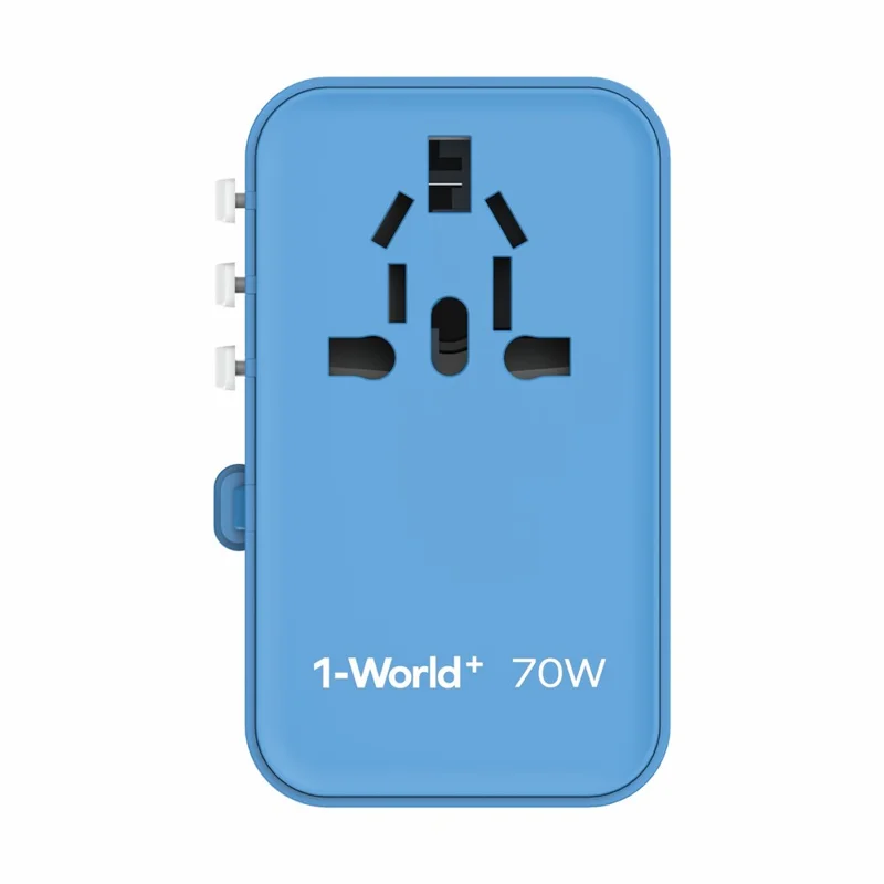 MOMAX UA18 1-World+ GaN Adaptador de Viagem Global com Carregador de Parede e Cabo Retrátil de 70W Tipo-C - Azul