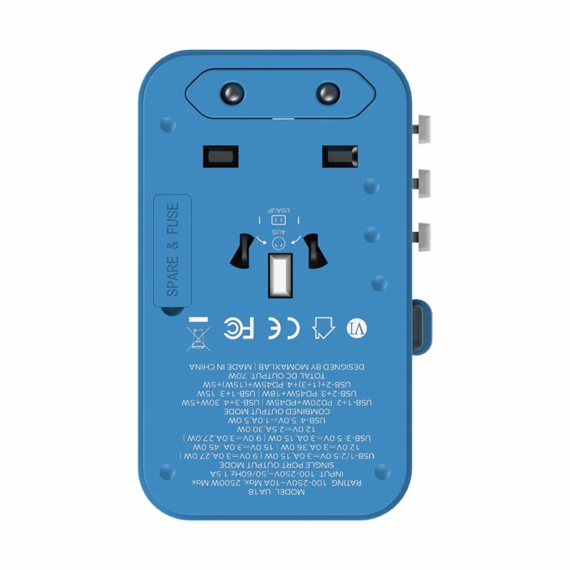 MOMAX UA18 1-World+ GaN Adaptador de Viagem Global com Carregador de Parede e Cabo Retrátil de 70W Tipo-C - Azul