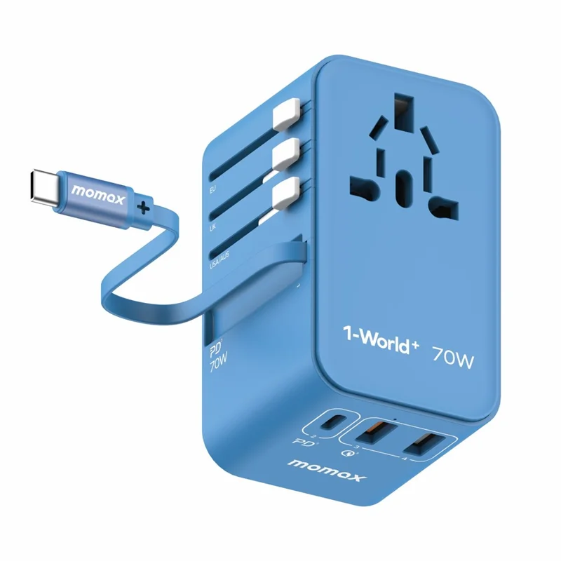 MOMAX UA18 1-World+ GaN Adaptador de Viagem Global com Carregador de Parede e Cabo Retrátil de 70W Tipo-C - Azul