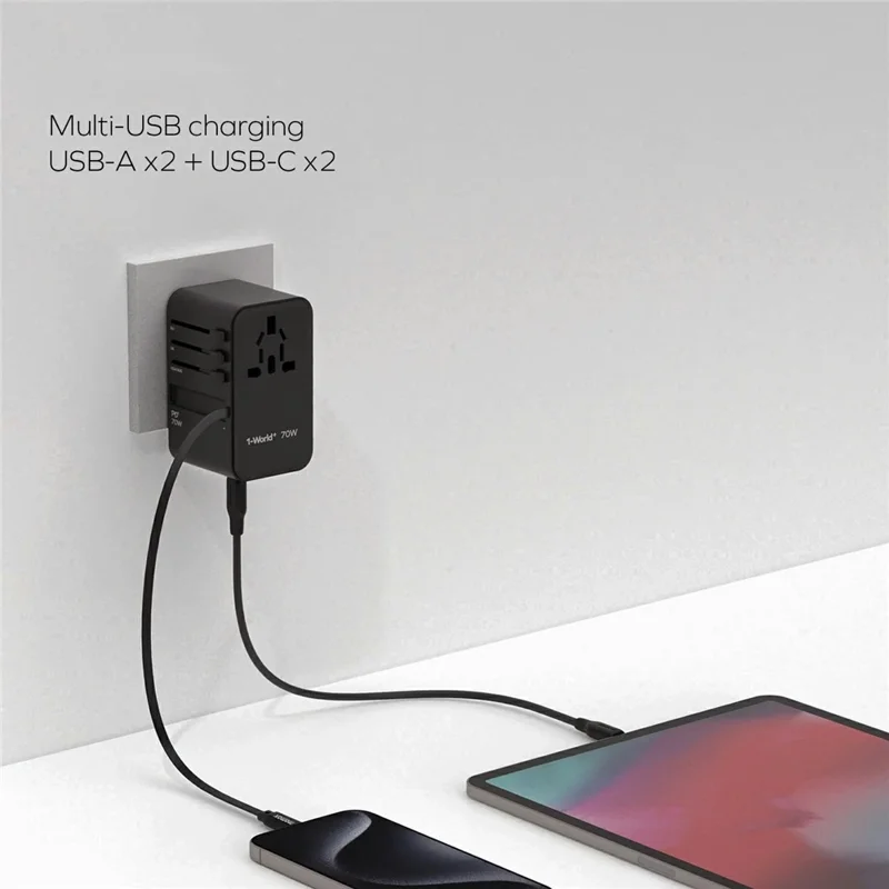 MOMAX UA18 1-World+ GaN Adaptador de Viagem Global com Carregador de Parede e Cabo Retrátil de 70W Tipo-C - Azul
