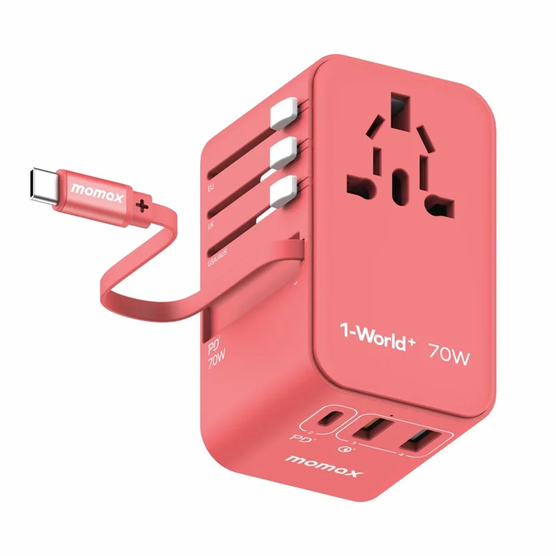 MOMAX UA18 1-World+ Adattatore da viaggio GaN con cavo retrattile Type-C da 70W - Rosa 