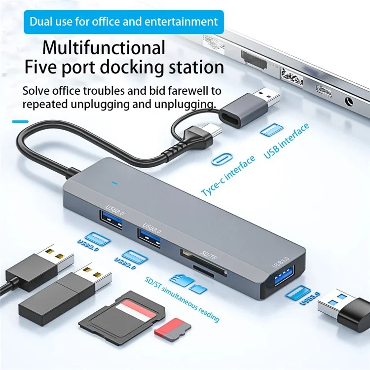 ADS-310D 2-in-1 Type-C + USB-A a 3x USB 3.0 Hub Splitter con slot per schede SD / TF