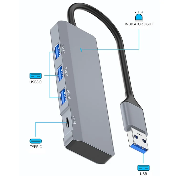 ADS-309A USB auf 3 USB3.0 + 1 Typ-C-Datentransfer-Dockingstation USB-Hub Aluminiumlegierung-Adapter