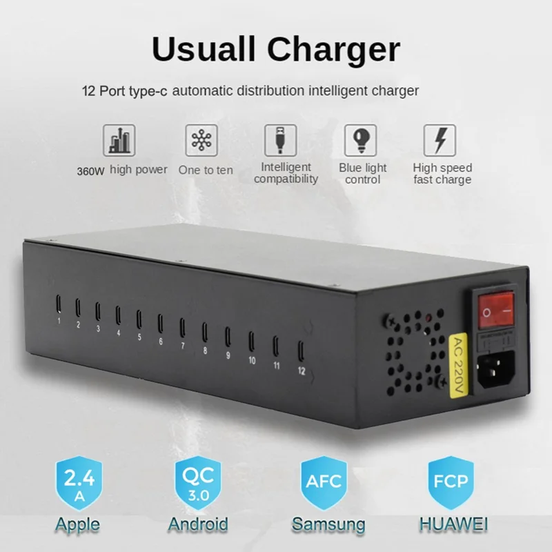 12-Port Type-C Desktop Charger 20W Fast Charging Station for Cellphone / Tablet / Laptop - EU Plug