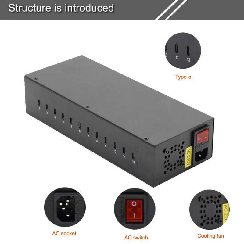 12-Port Type-C Desktop Charger 20W Fast Charging Station for Cellphone / Tablet / Laptop - EU Plug