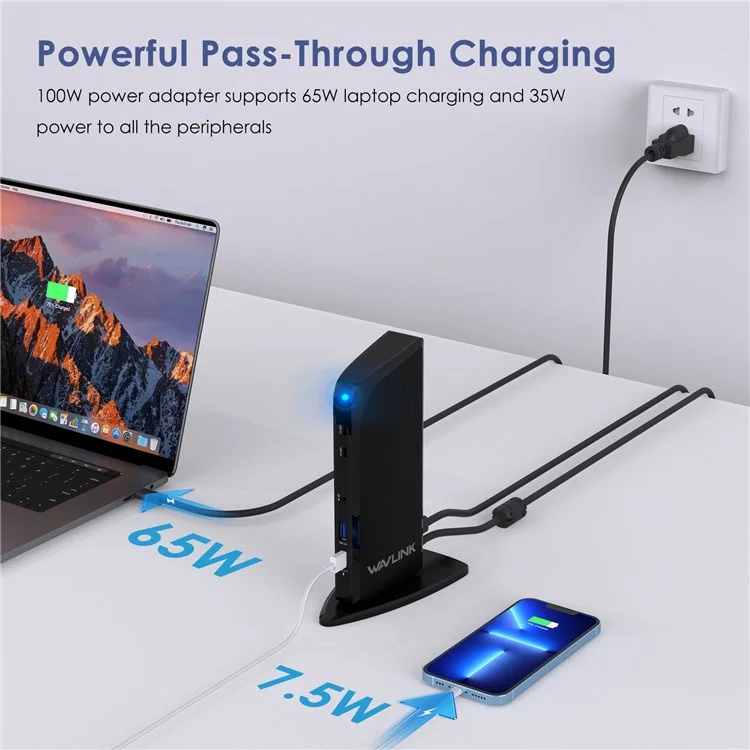 WAVLINK UG39PD1 Estación de acoplamiento USB C de 13 en 1 Compatible con triple monitor 4K HD para Windows / Mac OS - Enchufe del Reino Unido
