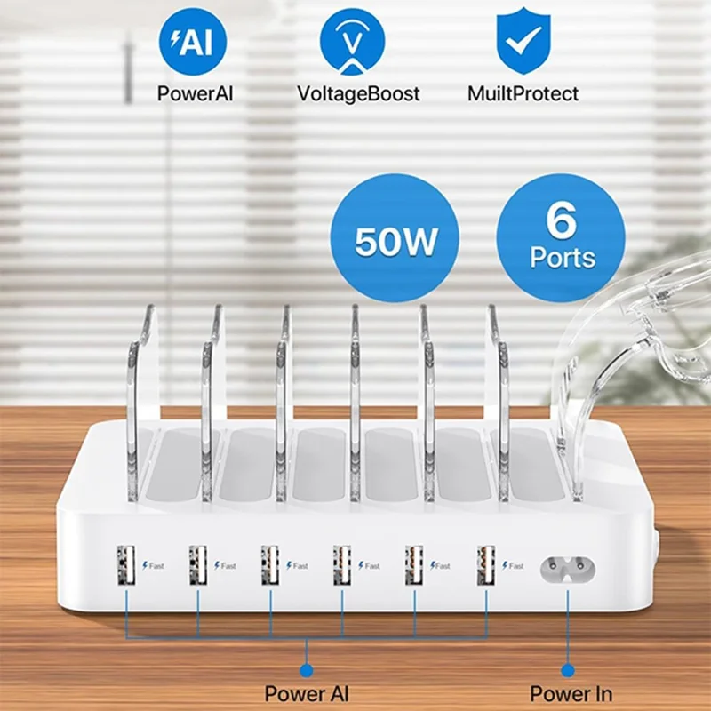 MIQ-101 50W Charging Station 6 USB Ports Desktop Charger with Detachable Baffle - US Plug