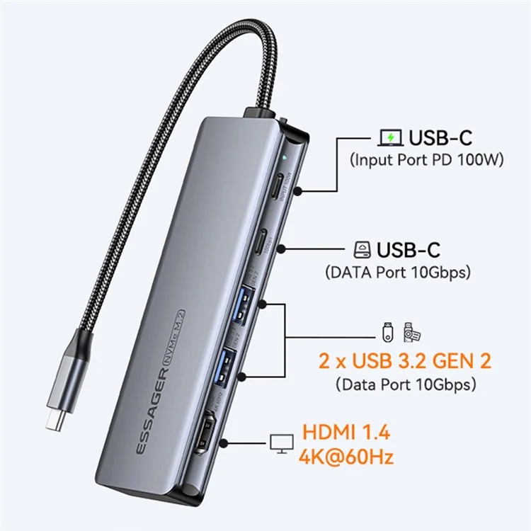 Essager 6-em 1 Placas de Ancoragem do USB Hub Tipo c Para USB-C Charging + USB-C Dados + 2xusb3.2 + HD + Gabinete de Disco Rígido