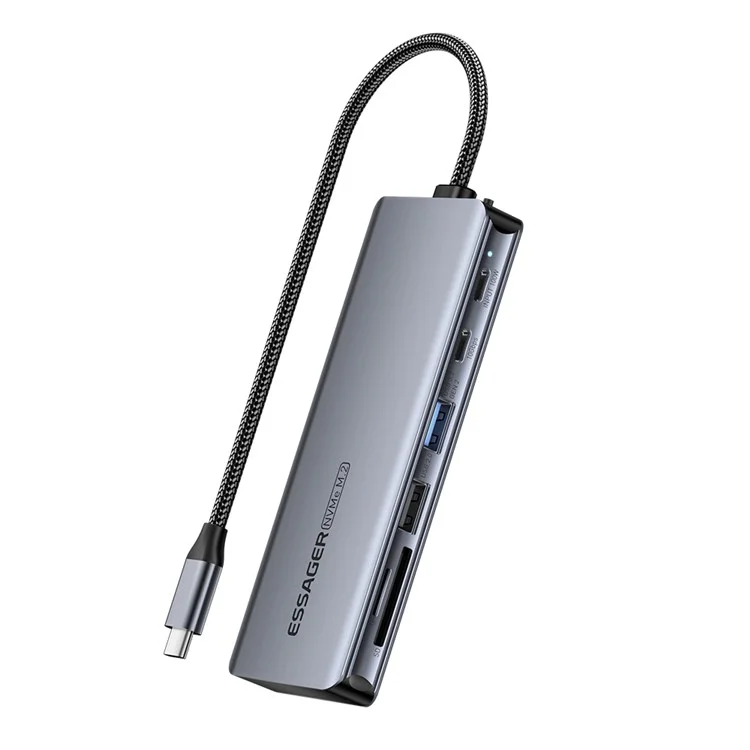 ESSAGER 7-in-1 Docking Station USB Hub Type-C to 2xUSB-C + USB3.2 + USB2.0 + SD / TF Card Slot + Hard Disk Enclosure