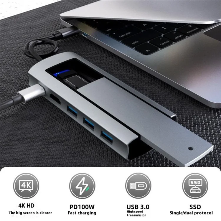 FX-2303 6-en-1 Hub Type-C M.2 Enclos SSD SATA Avec Port 4K HD, 100W PD, Port 3x USB 3.0
