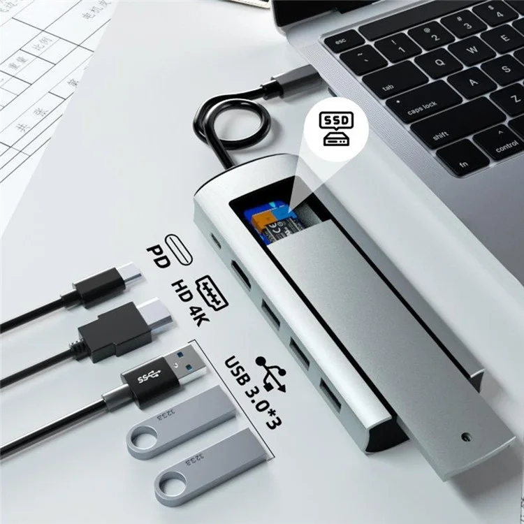 FX-2303 6-en-1 Hub Type-C M.2 Enclos SSD SATA Avec Port 4K HD, 100W PD, Port 3x USB 3.0