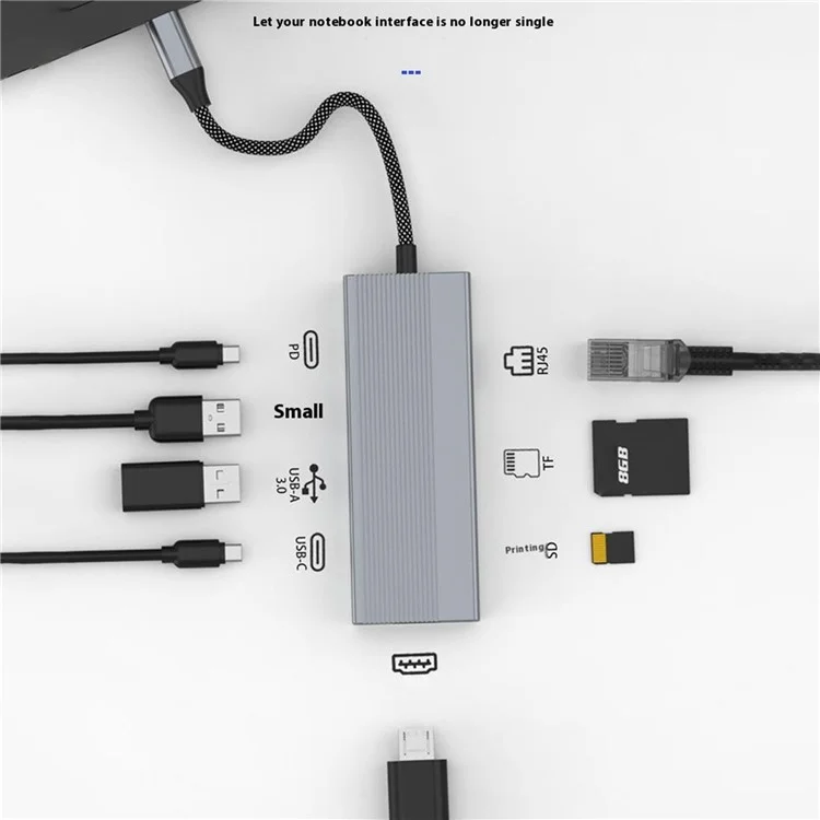 Station D'amarrage en Alliage en Aluminium de Type-C 8 en 1 Station D'accueil en Alliage, 4K HD + RJ45 + USB-C + 2 USB 3.0 + TF / Lecteur de Carte SD