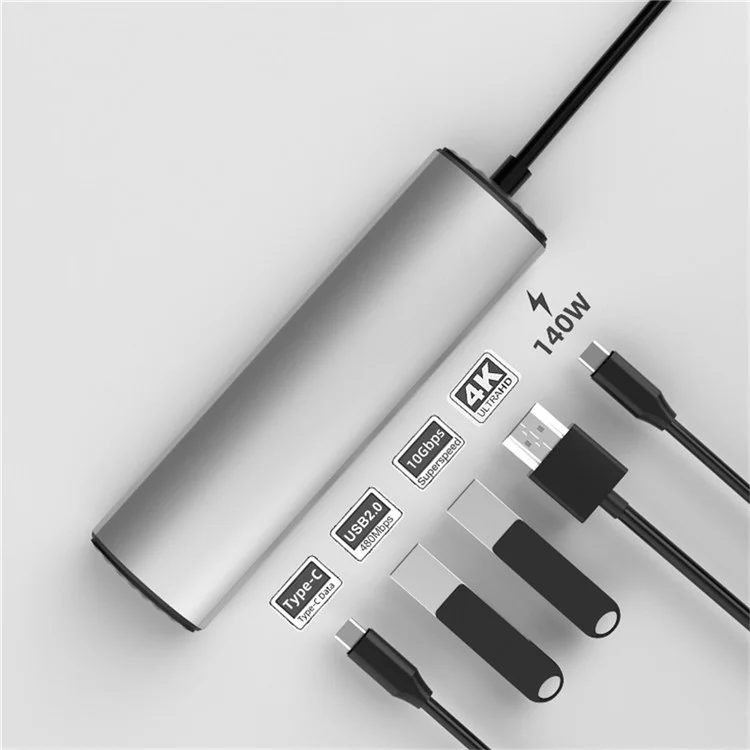 FX-2310C 5-in-1 Data Transfer Type-C Hub Con hd 4K 60hz, USB-A / Puerto de Carga USB-C y PD 140W