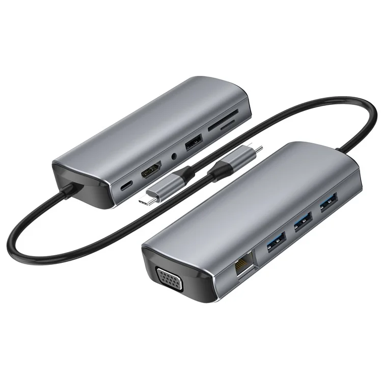 1928 Estación de Acoplamiento 11-in-1 Tipo-c a USB-C + USB2.0 + 3xusb3.0 + SD / Ranura de Tarjeta TF + 3.5 mm + 4k HD + VGA + RJ45 Adaptador de Cubo USB