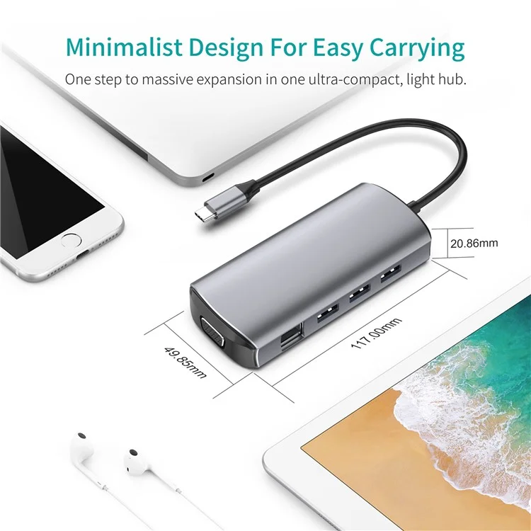 1928 Estación de Acoplamiento 11-in-1 Tipo-c a USB-C + USB2.0 + 3xusb3.0 + SD / Ranura de Tarjeta TF + 3.5 mm + 4k HD + VGA + RJ45 Adaptador de Cubo USB