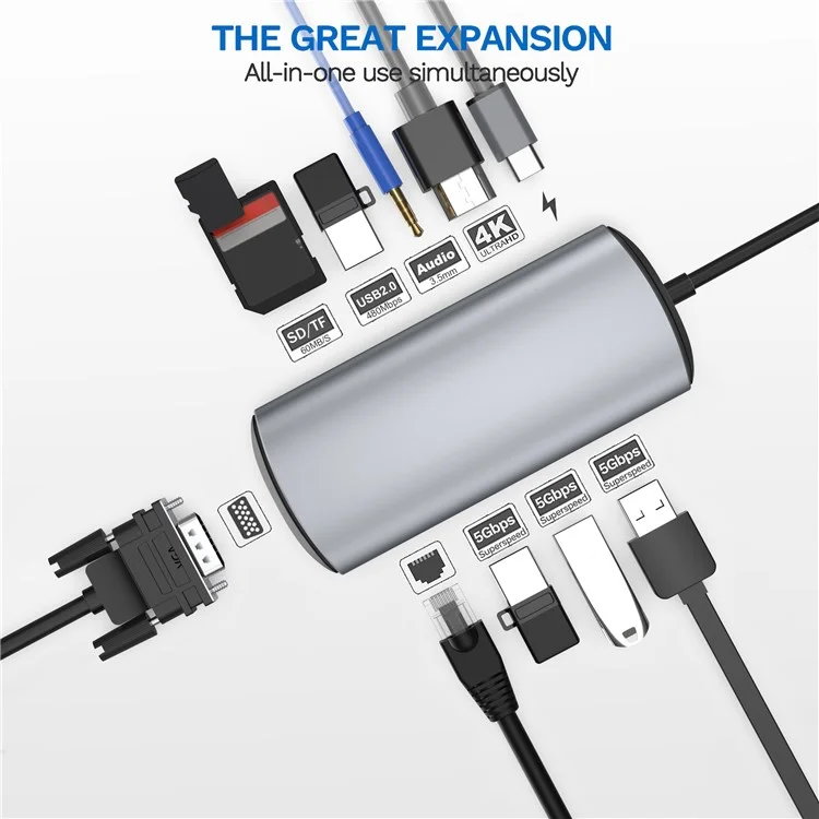 1928 Estación de Acoplamiento 11-in-1 Tipo-c a USB-C + USB2.0 + 3xusb3.0 + SD / Ranura de Tarjeta TF + 3.5 mm + 4k HD + VGA + RJ45 Adaptador de Cubo USB