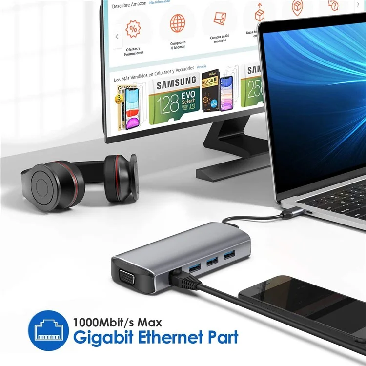 1928 Estación de Acoplamiento 11-in-1 Tipo-c a USB-C + USB2.0 + 3xusb3.0 + SD / Ranura de Tarjeta TF + 3.5 mm + 4k HD + VGA + RJ45 Adaptador de Cubo USB