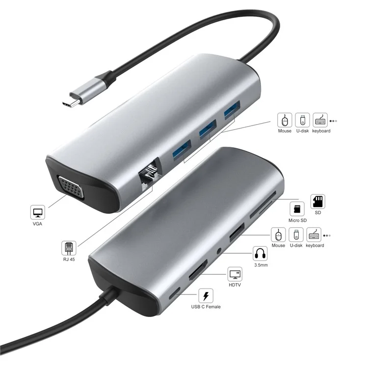 1928 Estación de Acoplamiento 11-in-1 Tipo-c a USB-C + USB2.0 + 3xusb3.0 + SD / Ranura de Tarjeta TF + 3.5 mm + 4k HD + VGA + RJ45 Adaptador de Cubo USB