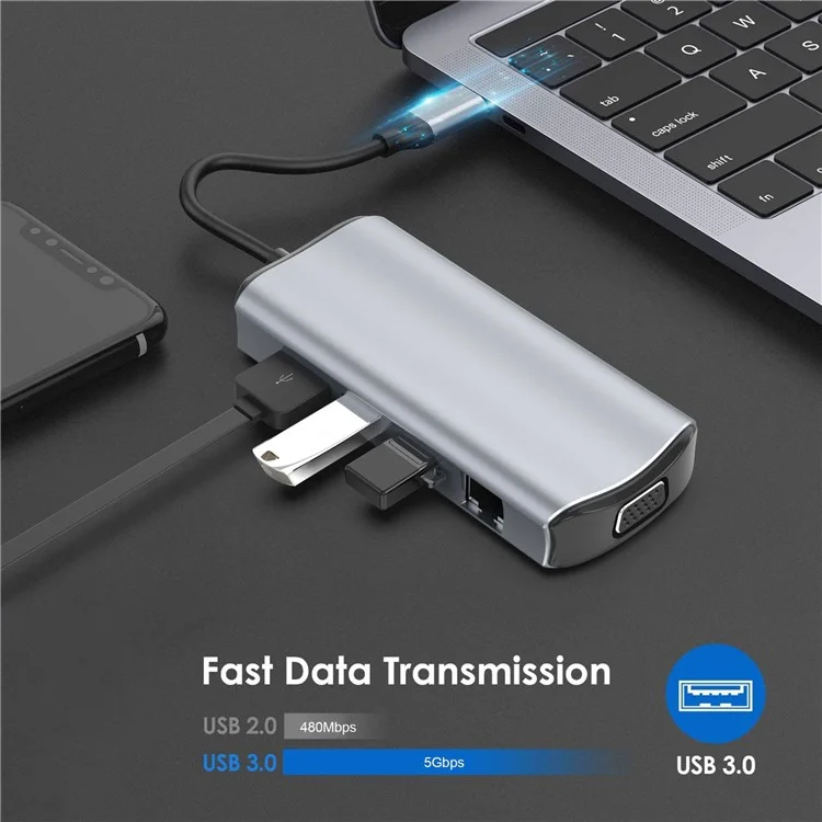 1928 Estación de Acoplamiento 11-in-1 Tipo-c a USB-C + USB2.0 + 3xusb3.0 + SD / Ranura de Tarjeta TF + 3.5 mm + 4k HD + VGA + RJ45 Adaptador de Cubo USB