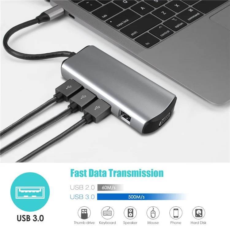 1928 Estación de Acoplamiento 11-in-1 Tipo-c a USB-C + USB2.0 + 3xusb3.0 + SD / Ranura de Tarjeta TF + 3.5 mm + 4k HD + VGA + RJ45 Adaptador de Cubo USB