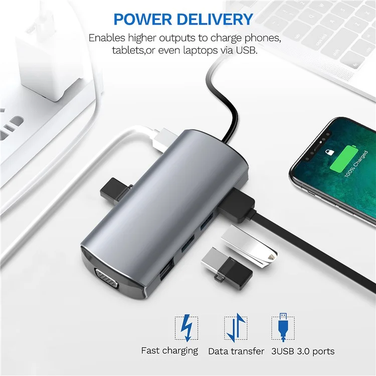 1928 Estación de Acoplamiento 11-in-1 Tipo-c a USB-C + USB2.0 + 3xusb3.0 + SD / Ranura de Tarjeta TF + 3.5 mm + 4k HD + VGA + RJ45 Adaptador de Cubo USB