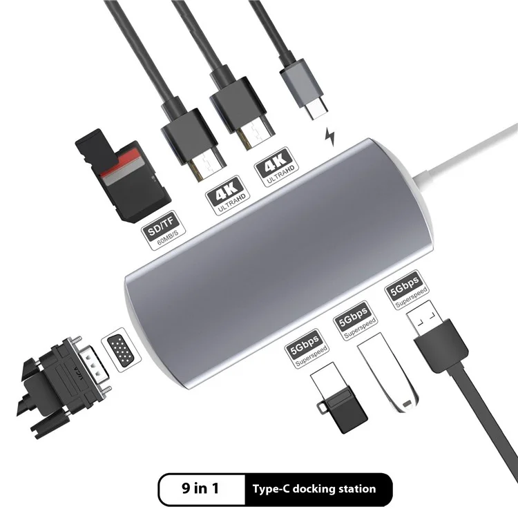 9-en-1 USB Hub Tipo-c a USB-C + 3xusb3.0 + SD / Slot de Tarjeta TF + 2xhd + Estación de Acoplamiento Del Adaptador VGA