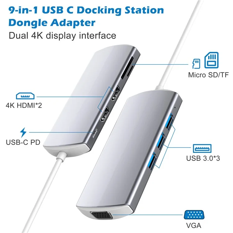 9-en-1 USB Hub Tipo-c a USB-C + 3xusb3.0 + SD / Slot de Tarjeta TF + 2xhd + Estación de Acoplamiento Del Adaptador VGA