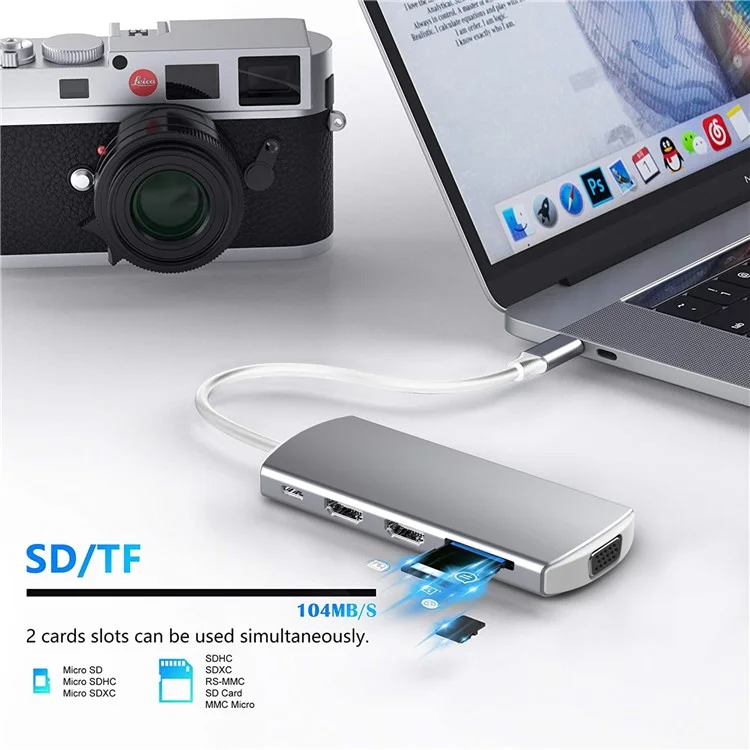 9-en-1 USB Hub Tipo-c a USB-C + 3xusb3.0 + SD / Slot de Tarjeta TF + 2xhd + Estación de Acoplamiento Del Adaptador VGA