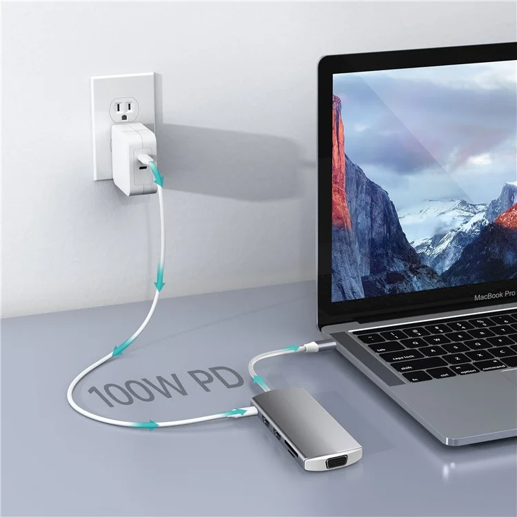 9-en-1 USB Hub Tipo-c a USB-C + 3xusb3.0 + SD / Slot de Tarjeta TF + 2xhd + Estación de Acoplamiento Del Adaptador VGA