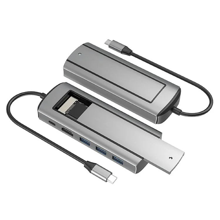 FX-2303A 6-in-1 USB Hub Type-C to 3xUSB3.0 + HD + USB-C PD + Hard Disk Enclosure Docking Station, SATA+NVME Dual Protocol
