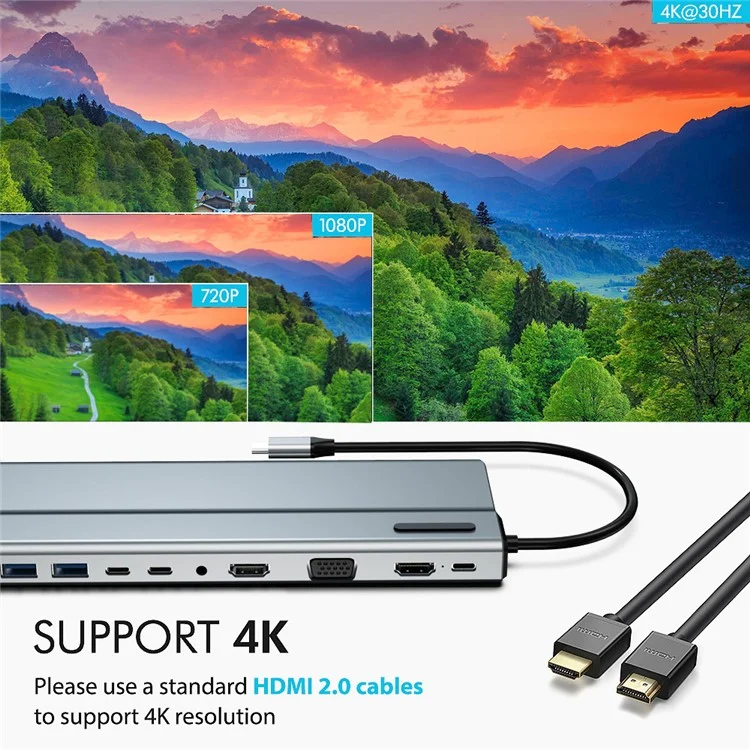 Hub Type-C 15 in 1 FX-2020C Con Doppio hd 4k, pd da 100 w, 5 Gbps USB-C, VGA, RJ45 e SD / Lettore di Schede TF