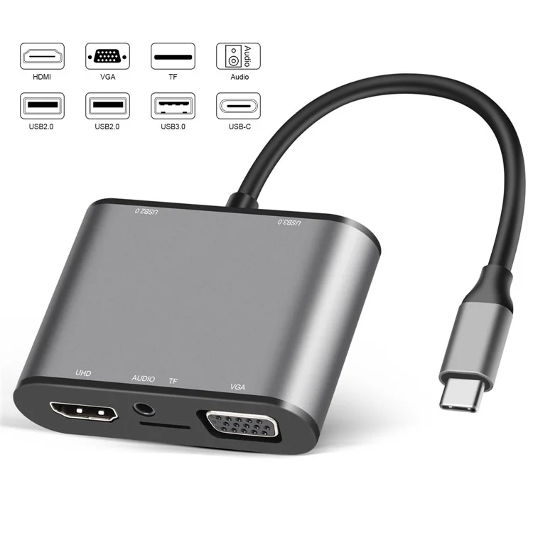 FX-1815B Hub Type-c 8-en-1 Avec 4K HD + USB 3.0 + 2x USB 2.0 + HD + VGA + TF Carte Reader