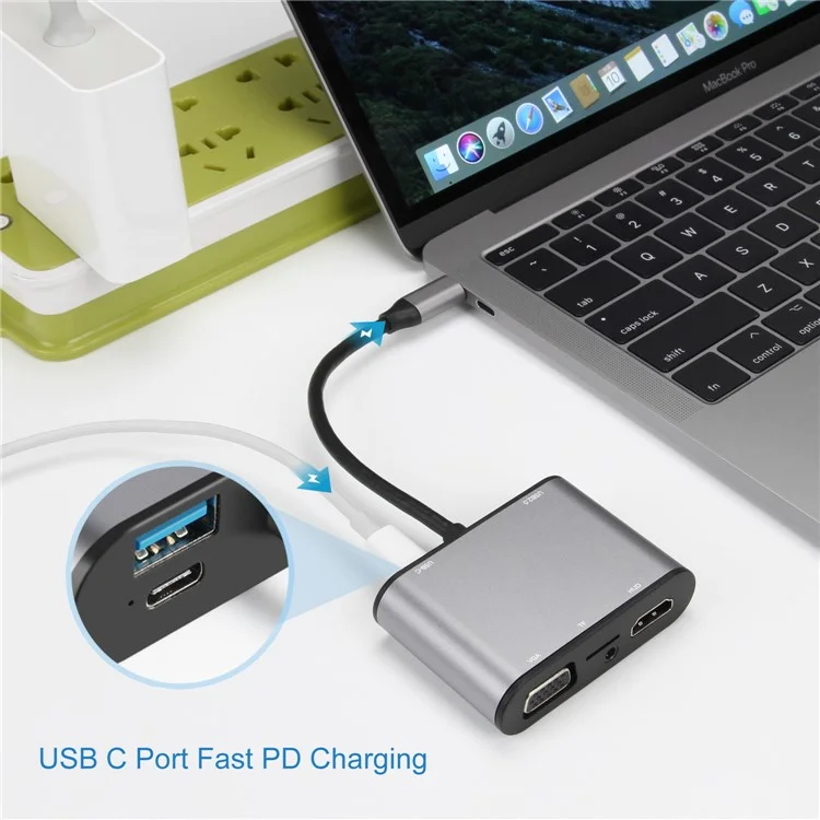 FX-1815B Hub Type-c 8-en-1 Avec 4K HD + USB 3.0 + 2x USB 2.0 + HD + VGA + TF Carte Reader