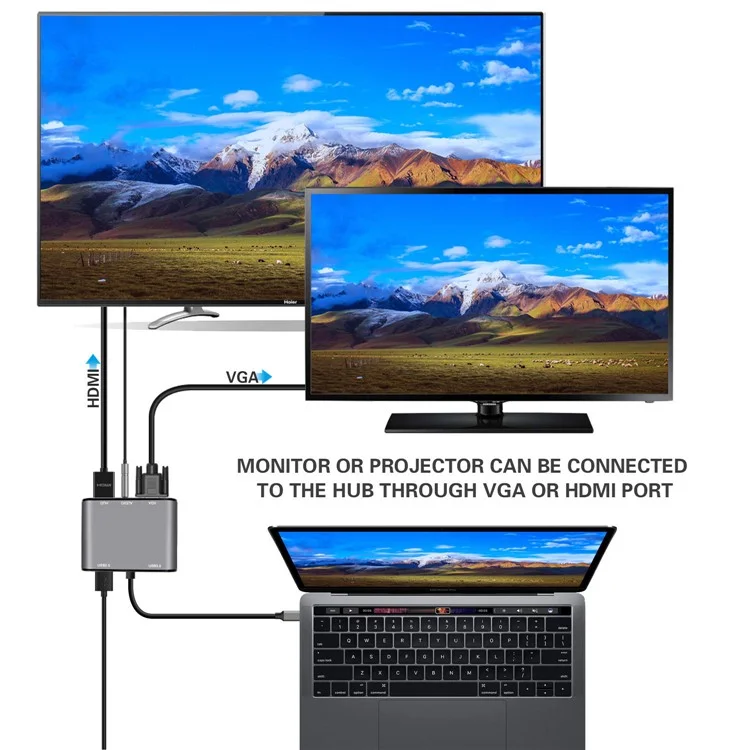 FX-1815B Hub Type-c 8-en-1 Avec 4K HD + USB 3.0 + 2x USB 2.0 + HD + VGA + TF Carte Reader
