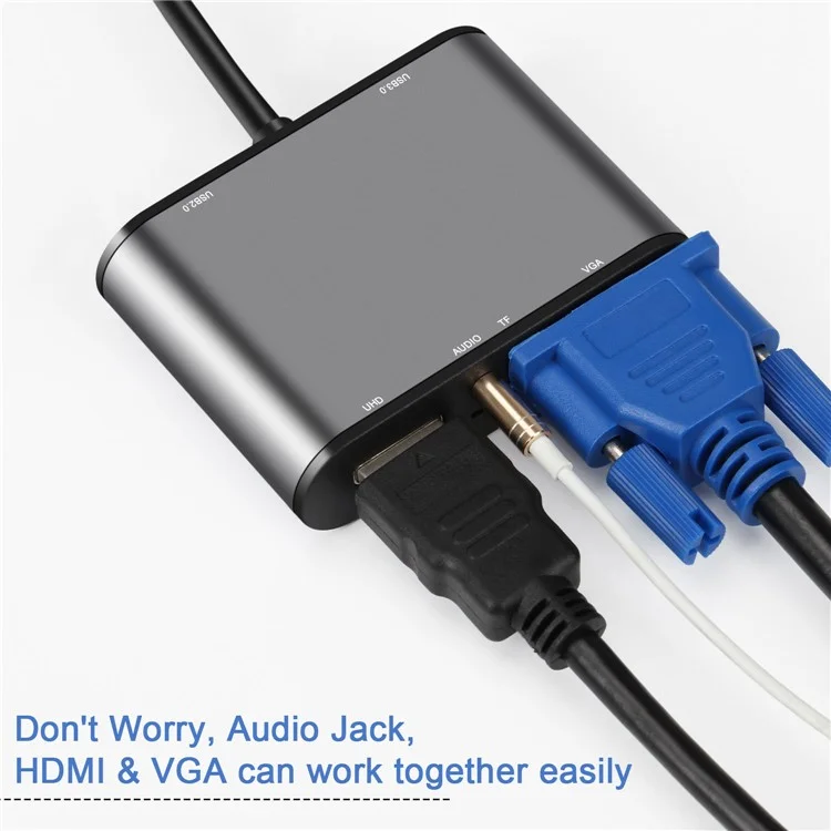 FX-1815B Hub Type-c 8-en-1 Avec 4K HD + USB 3.0 + 2x USB 2.0 + HD + VGA + TF Carte Reader