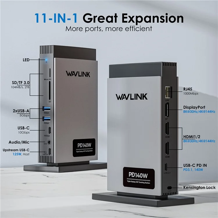 WAVLINK WL-UMD26 11-in-1 USB-C Docking Station with 8K HD, 8K Displayport, and 140W PD 3.1 Charging