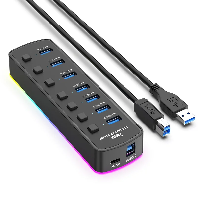 U307 7-Port USB 3.0-Hub-Splitter mit individuellen Schaltern und 14 RGB-Beleuchtungsmodi für Computer-TV