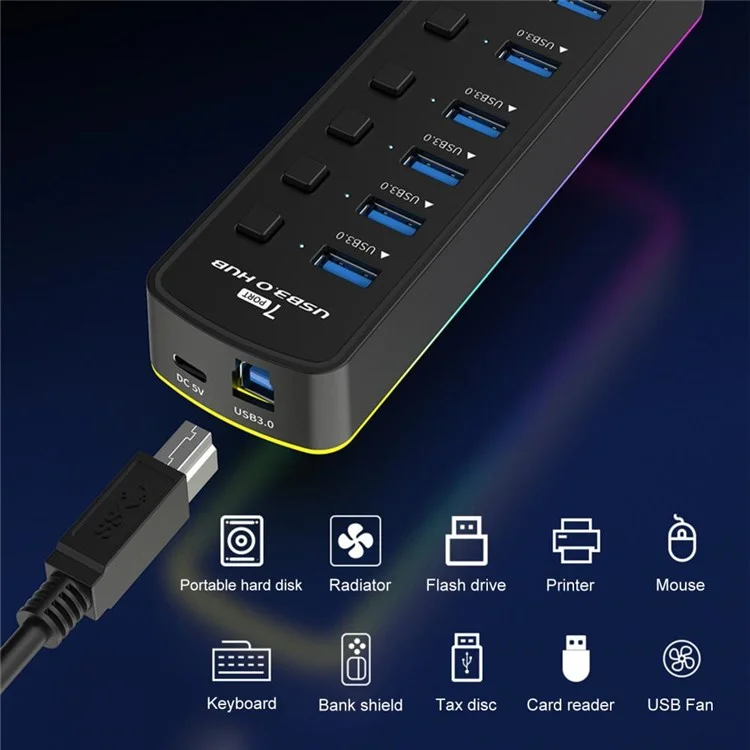U307 7-Port USB 3.0-Hub-Splitter mit individuellen Schaltern und 14 RGB-Beleuchtungsmodi für Computer-TV
