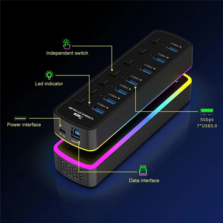 U307 7-Port USB 3.0-Hub-Splitter mit individuellen Schaltern und 14 RGB-Beleuchtungsmodi für Computer-TV