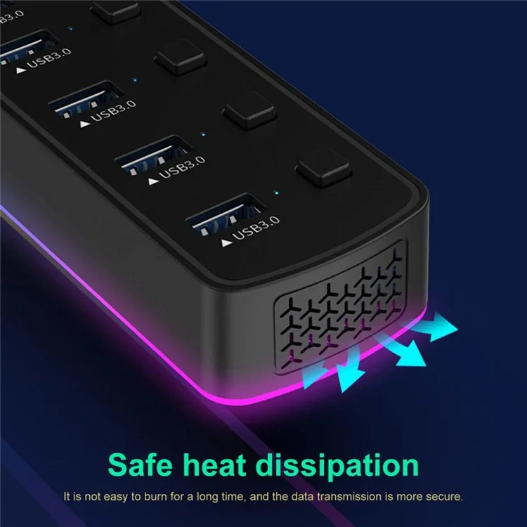 U307 7-Port USB 3.0-Hub-Splitter mit individuellen Schaltern und 14 RGB-Beleuchtungsmodi für Computer-TV