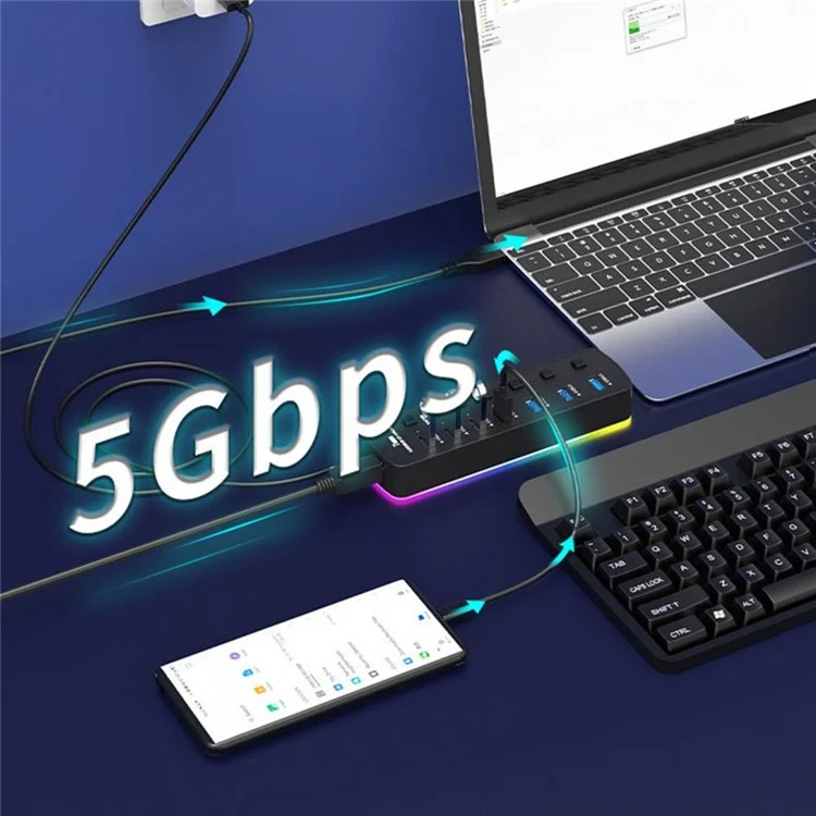 U307 7-Port USB 3.0-Hub-Splitter mit individuellen Schaltern und 14 RGB-Beleuchtungsmodi für Computer-TV