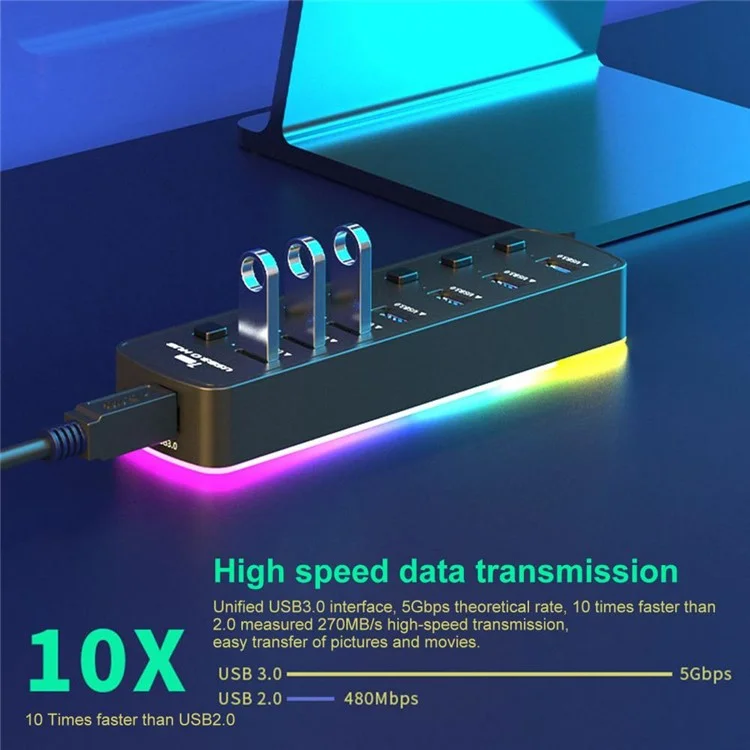 U307 7-Port USB 3.0-Hub-Splitter mit individuellen Schaltern und 14 RGB-Beleuchtungsmodi für Computer-TV