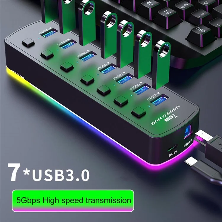 U307 7-Port USB 3.0-Hub-Splitter mit individuellen Schaltern und 14 RGB-Beleuchtungsmodi für Computer-TV