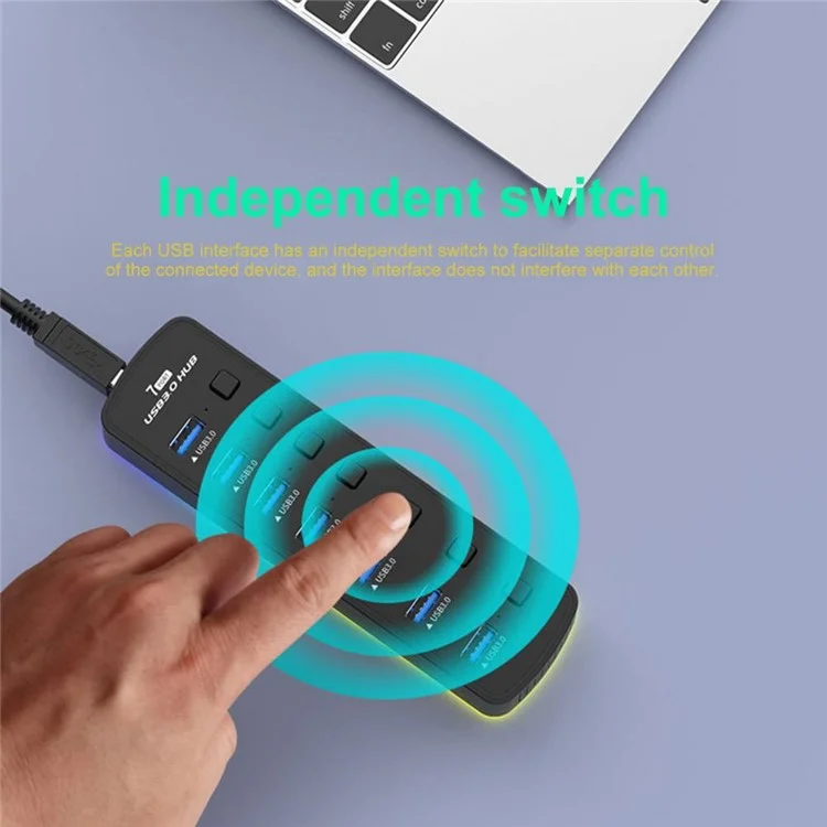 U307 7-Port USB 3.0-Hub-Splitter mit individuellen Schaltern und 14 RGB-Beleuchtungsmodi für Computer-TV