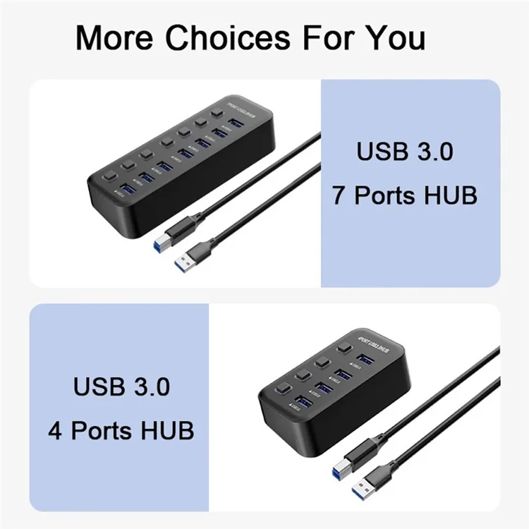 U307 7-Port USB 3.0 Hub Splitter without LED Lights with Individual On / Off Switches for PC  /  Smart TV