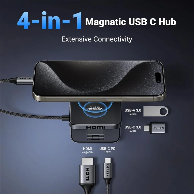 UGREEN USB C 4-in-1 Foldable Hub 4K 60Hz HDMI PD 100W USB 3.0 Docking Station For iPhone 15  /  16 Android Laptops